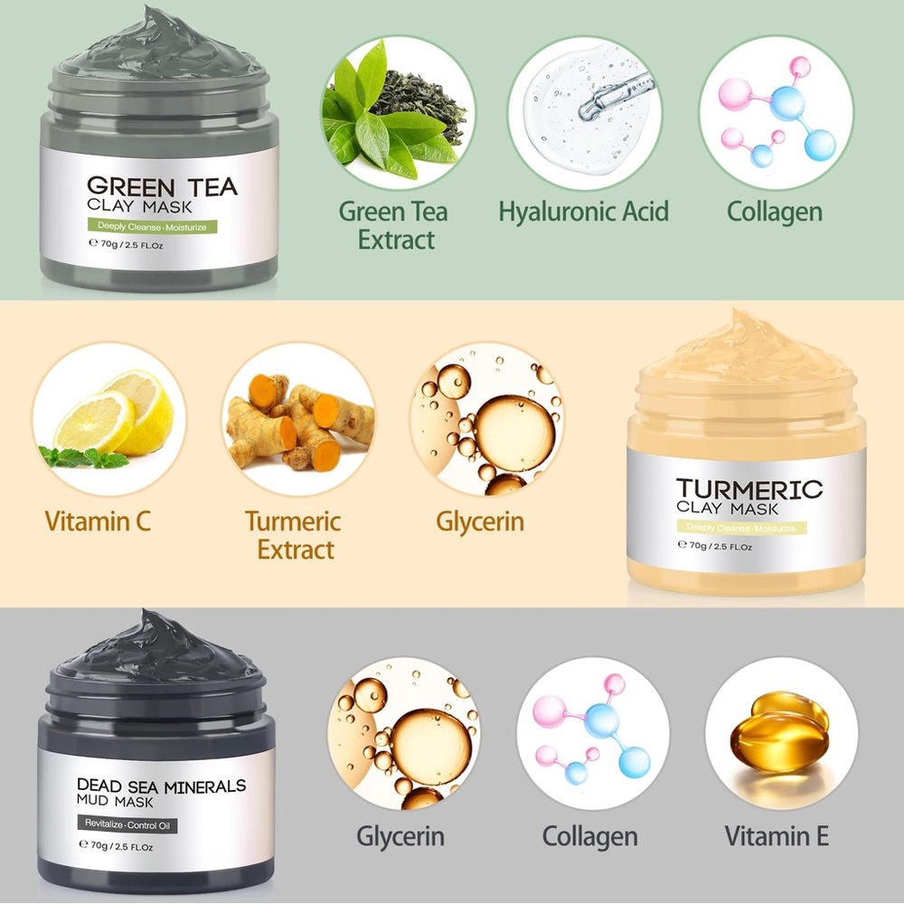 NIB! Turmeric Clay Face Mask, Dead Sea Mud Mask, Green Tea Face Mask - Picture 4 of 11